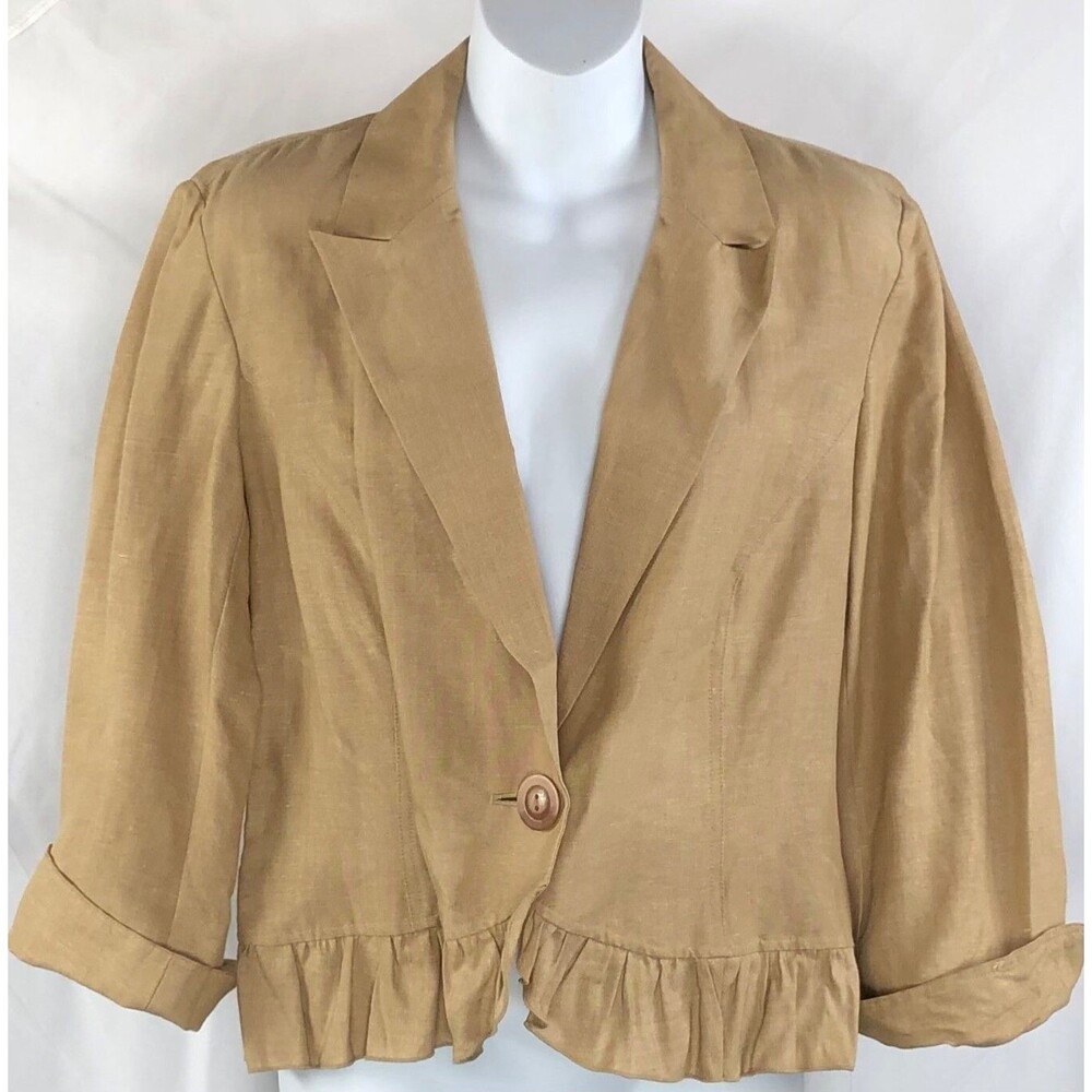 NWT Bandolino Linen Cropped Blazer Jacket 12 Tan Ruffles Coquette Academia